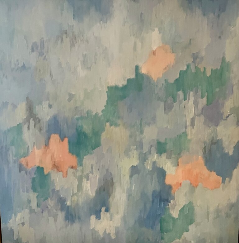 abstract piece in hues of green and blue with three large spots of coral in wavy patterns