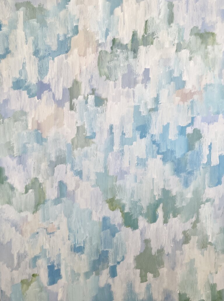 an abstract piece in shades of muted pastel pink, white, light blue, lilac, pale mint, soft sage, light olive, and cream. the pieces of color are wavy and soft.