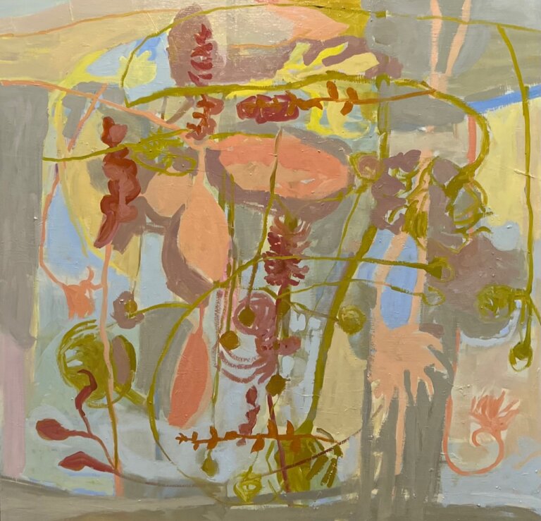 an abstract piece in muted tones of lime, citron, peach, mauve, periwinkle, mint, and maroon. there are ambiguous floral shapes tangled across the piece above a background of blurred chunks of color