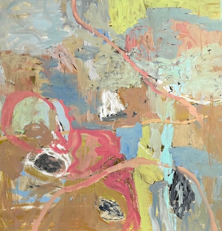 an abstract piece that is mainly the colors tan, rose, peach, mint, citron, charcoal, and white. it has vaguely botanical imagery.