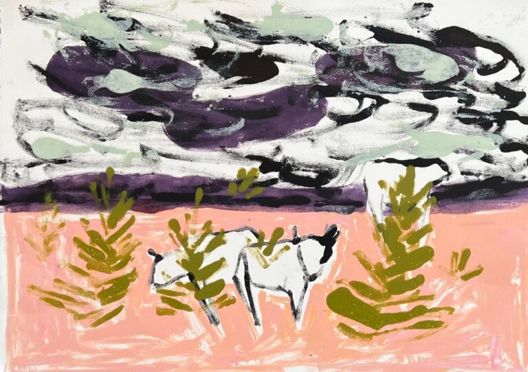 an abstract piece showing a pink landscape with purple and black swirly mountains below a mint, purple, black, and white cloudy sky. on the pink ground their are a few scrubby sap green brush-like plants, along with two white cows hiding behind the brush.