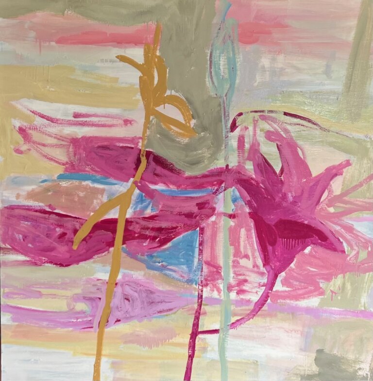 an abstract piece in muted tones of lime, citron, peach, mauve, periwinkle, mint, and maroon. there are ambiguous floral shapes tangled across the piece above a background of blurred chunks of color the floral pieces in the front are a bright magenta pink.