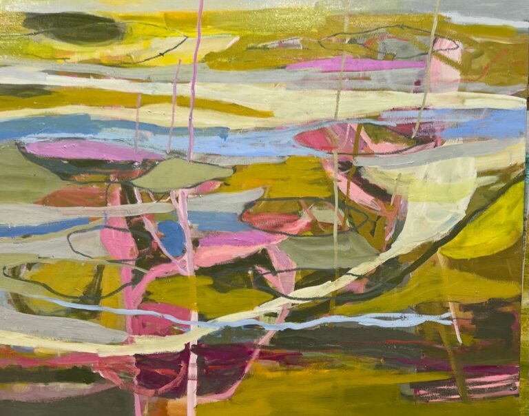 an abstract piece in shades of green, periwinkle, olive, bubblegum pink, magenta, and slate. the marks are horizontal and swishy. there are a few horizontal leaf-like shapes that resemble fish, hence the title "sleeping fish"