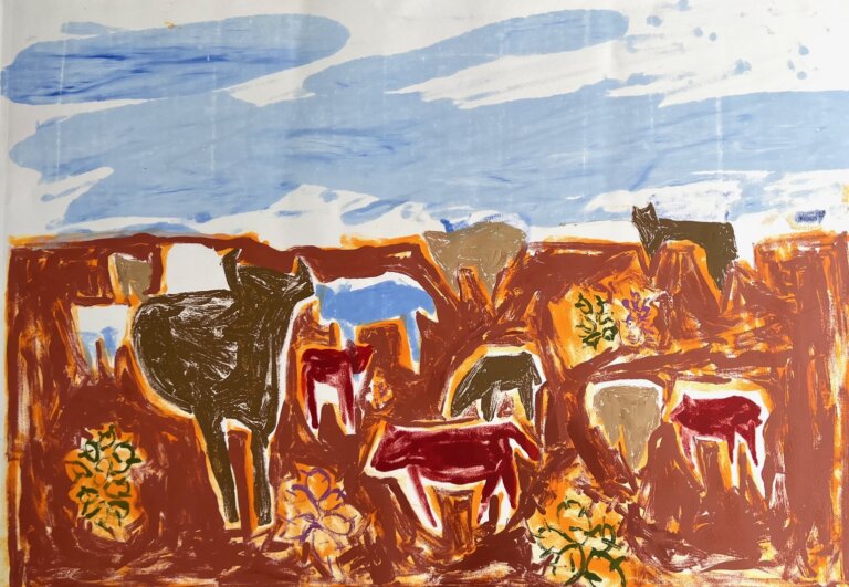 an abstract piece featuring a terra cotta colored landscape under a blue and white sky. there are a handful of cows and small bramble-like plants on the landscape. the cows are all different shades: 3 burnt sienna, 2 indian red, 3 beige, and two periwinkle. this is a monotype, which means that it is a unique edition.