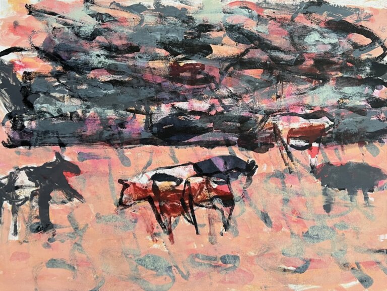an abstract landscape with pink ground and a charcoal, magenta, and peach-colored cloudy sky. there are a few cows in the foreground, in shades of charcoal, white, and terra cotta.