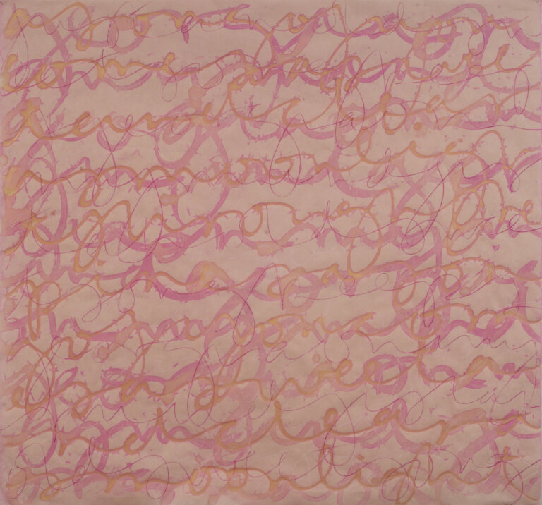 Mixed media on rice paper, endless loops and scrolls in pink and peach and magenta on a pale pink background