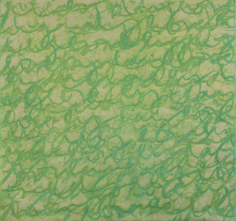 Mixed media on rice paper, endless loops and scrolls in lime and emerald and kelly on a green yellow background