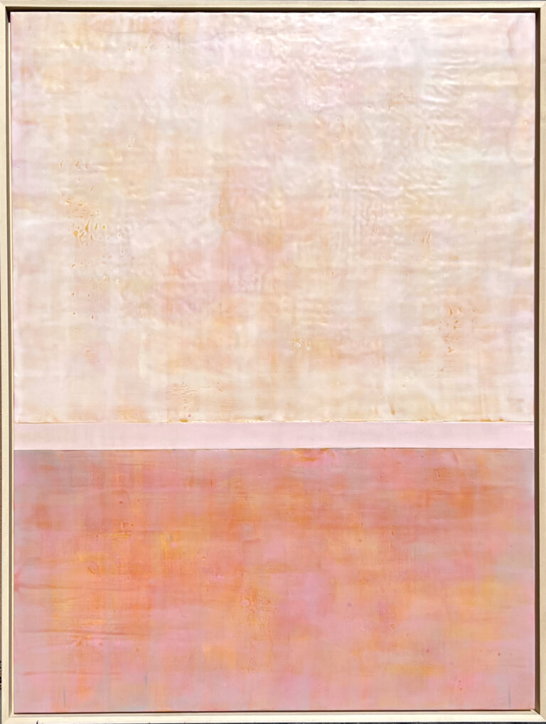 an encaustic piece where the top two thirds is a pale bubblegum pink and the bottom third is a brighter rosy pink
