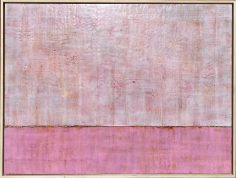 an encaustic piece where the top two thirds is a pale bubblegum pink and the bottom third is a brighter cooler pink
