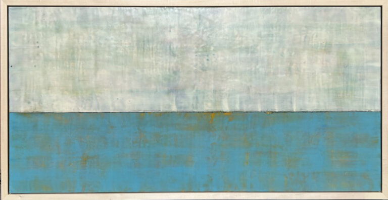 an encaustic piece where the top half is a pale blue green and the bottom half is a brighter electric blue over orange with a high chroma