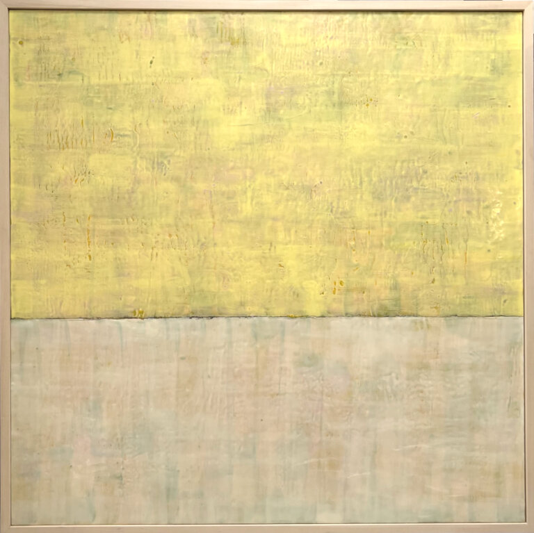 an encaustic piece where the top half is a bright lemon yellow and the bottom half is a paler beige