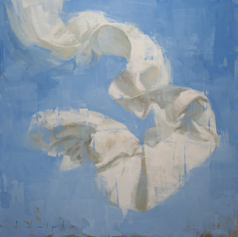 an abstract piece of a bright blue sky with a wisp of white paper or ribbon twirling as if caught in a gust of wind. it seems to have a mind of its own, a purpose, a direction, but it is up to the viewer to decide what that means for them individually.