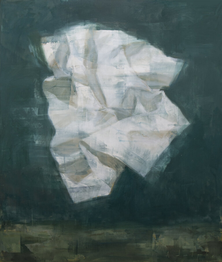 an abstract piece of a deep teal sky above an olive ground with a wisp of white paper or ribbon twirling as if caught in a gust of wind. it seems to have a mind of its own, a purpose, a direction, but it is up to the viewer to decide what that means for them individually.