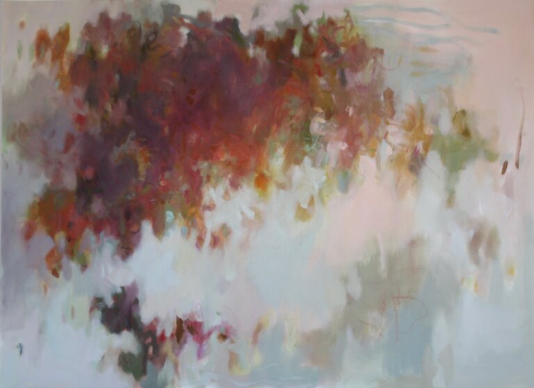 an abstract oil piece on canvas with large clumps of color in violet, sap green, burnt orange, deep plum, peach, goldenrod, and powder blue. the background is mostly pale mint green and periwinkle.