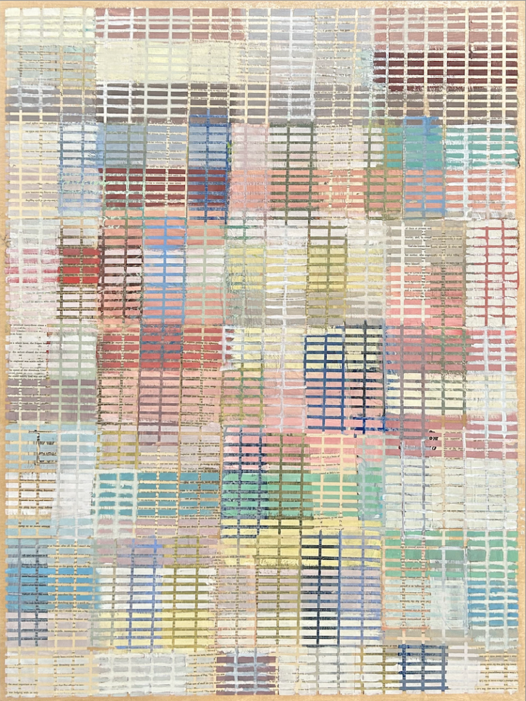 A work of mixed media on birch panel, the painting is composed of a network of lines that cross each other to form a series of rectangles. This grid framework appears across the entire painting, the painting includes cobalt blue, steel grey, pale pink, fern, lime, olive greens, black, and more!