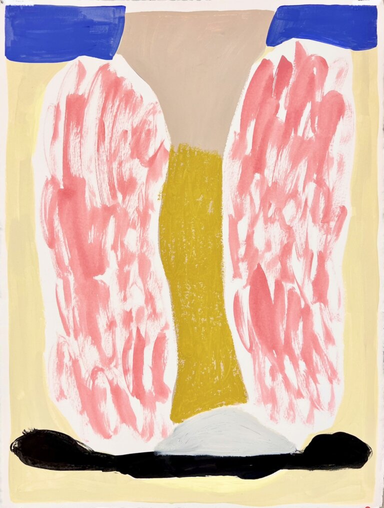 a monotype print with abstract color block shapes in rosy pink, cool taupe, goldenrod, black, cream, deep cobalt, and white