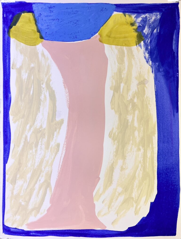 a monotype print with abstract color block shapes in pale bubblegum pink, cool taupe, sap green, lime, cream, deep cobalt, and white