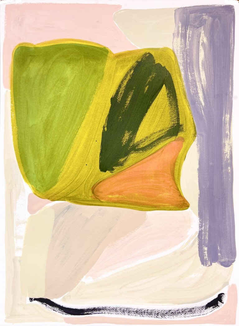 a monotype print with abstract color block shapes in pale bubblegum pink, light lilac plum, olive green, sap green, lime, cream, deep aubergine, and clementine