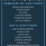 a save the date graphic for blue print's spring art shows; one is february 29th from 5:30 to 7:30 featuring the artists megan adams brooks, taelor fisher, jill lear, clayton porter, charlotte seifert, and amy van winkle. the other is may 2 from 5:30 to 7:30 featuring the artists emily morgan brown, randal ford, lori glavin, chase langford, arienne lepretre, maura segal, and emma woelk (philip durst studio)