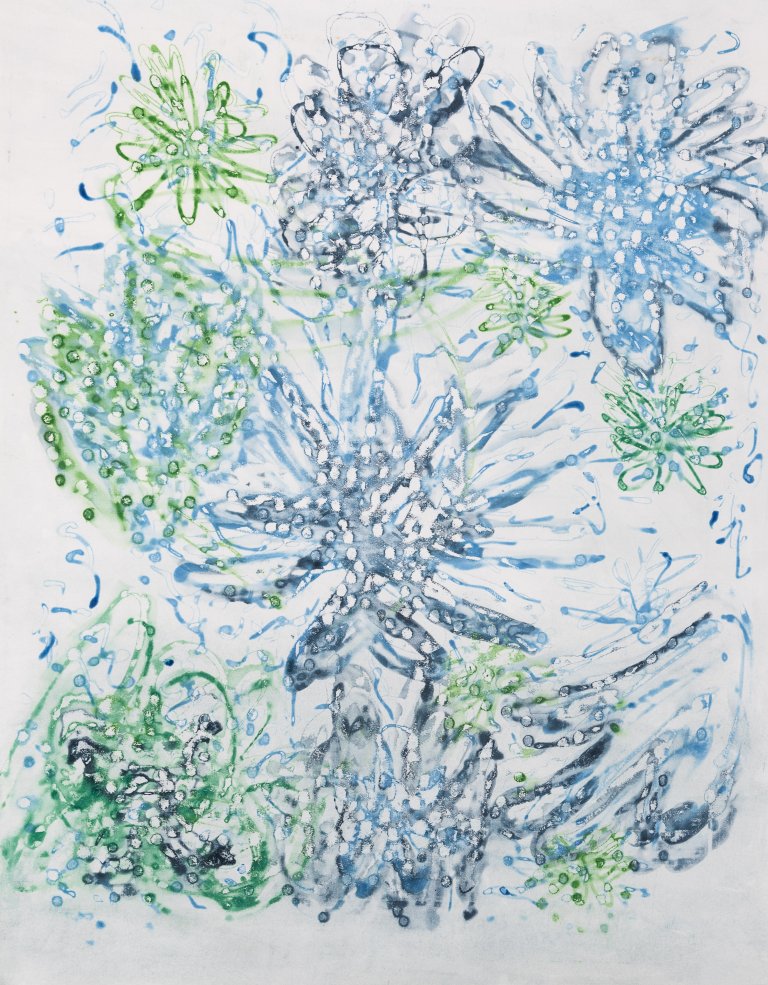 an abstract silkscreen paint piece on paper. the paint colors are a lovely emerald green, a deep indigo, and a beautiful bright blue. there are vague floral shapes throughout the piece, along with small dots and other organic marks that create a beautiful texture.