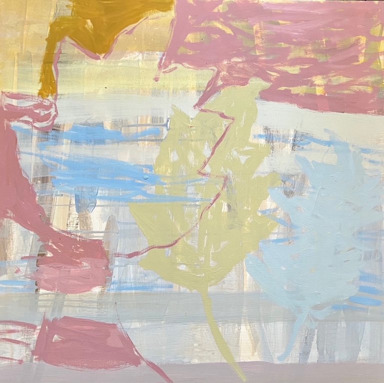 a pastel multicolored abstract painting made up of the outlines and silhouettes of maple leaves against a pale background of light mauve, periwinkle, and pale lemon.