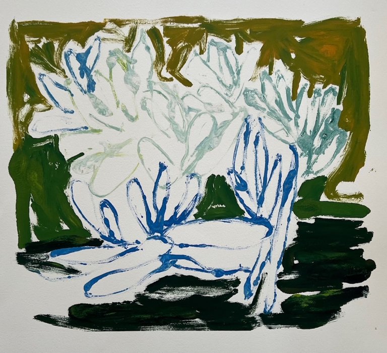 an abstract monotype with hues of deep green, gold, ocean blue, mint, and dark kelly green. there is a vague botanical outline as if there is a landscape in the distance with some plants in the foreground.