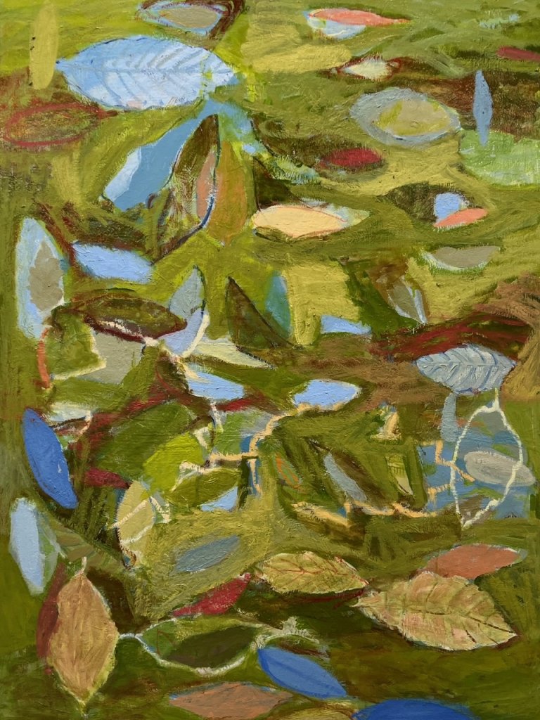 an abstract contemporary art piece with a concoction of greens accented by periwinkle, brown, maroon, peach, and lemon yellow. the composition is made up of many types of leaves silhouetted and outlined, overlapping with one another