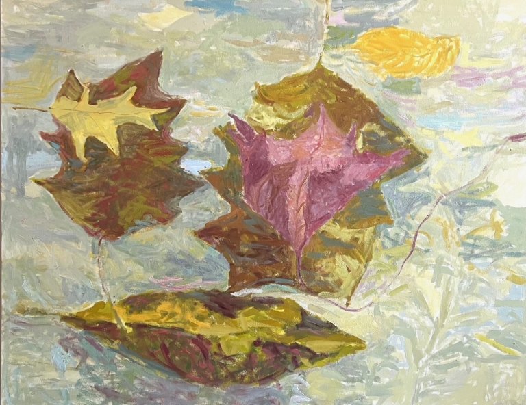an abstract contemporary art piece made up of maple and magnolia leaves silhouetted and outlined, overlapping with one another. there are a few clumps of leaves in browns, greens, and ruby tones in the foreground, while the background is a swirling pastel blur of unclearly defined botanical shapes