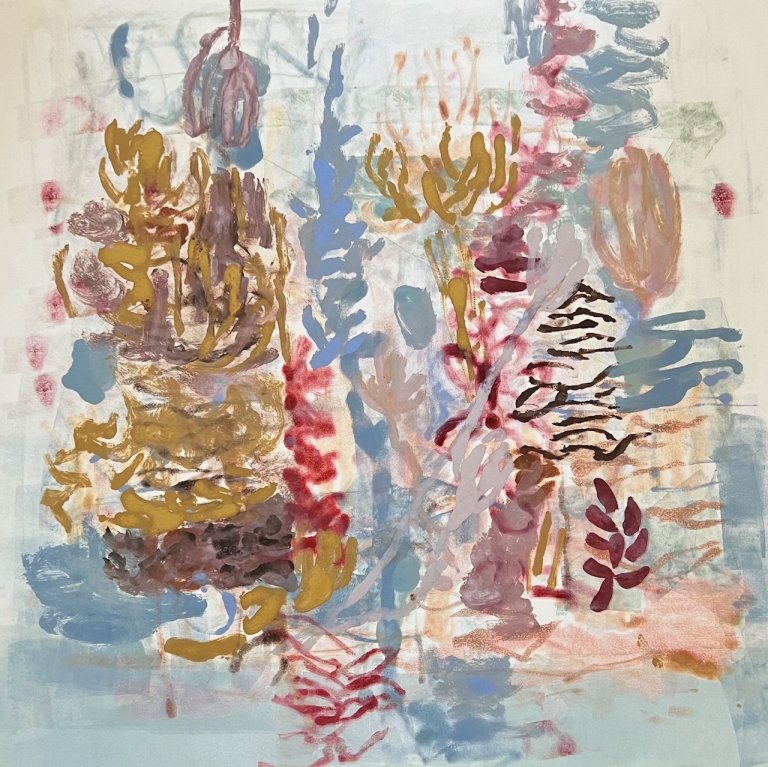 an abstract contemporary piece on paper with botanical subjects in shades of periwinkle, mauve, blush, reddish pink, olive, and seafoam green. this combination of overlapping shapes gives the impression of a landscape slightly obscured by mist or fog.