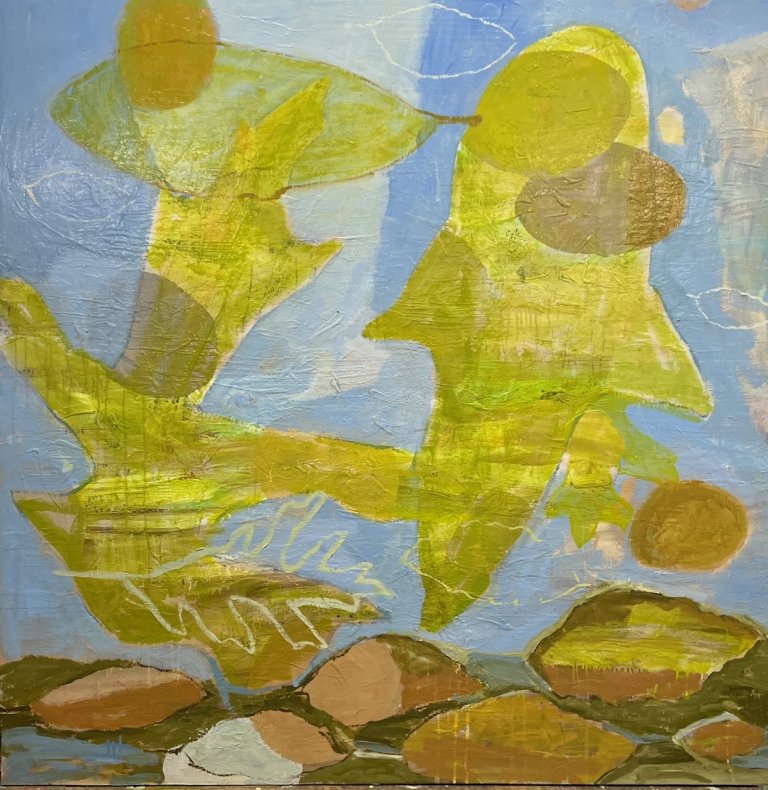 an abstract contemporary piece of a few lime green leaves floating against a powder blue background above an olive green ground that represents a mountain trail. this piece looks like an aerial view of leaves swirling in the blue water of a mountain brook next to an embankment