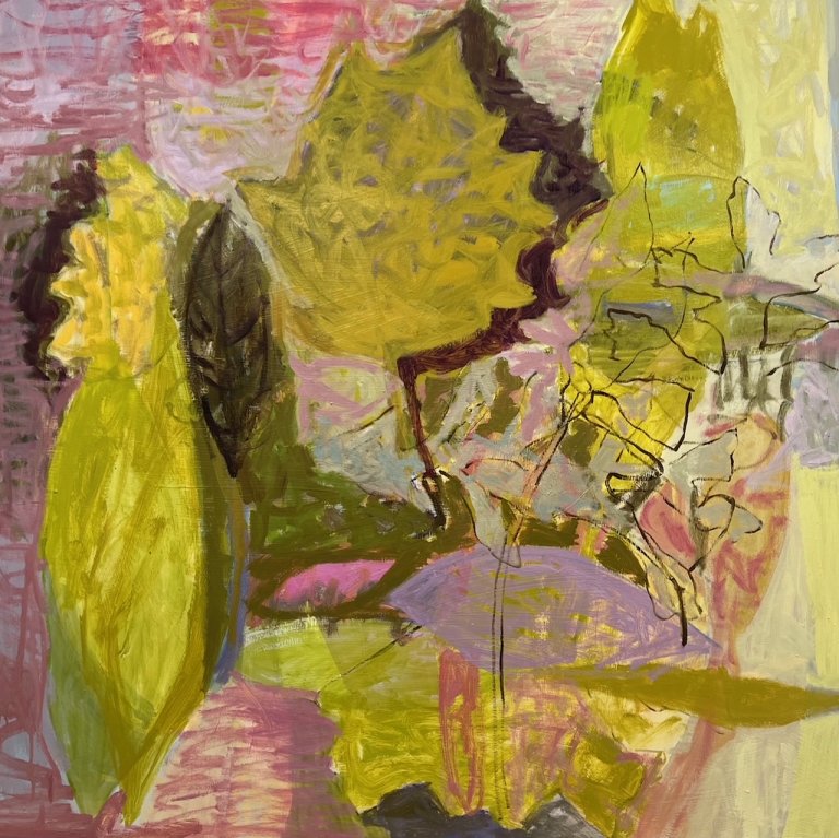an abstract piece of several overlapping leaf shapes, silhouettes, and outlines. the leaves are mostly a lime green accented with bright yellow, but some are a blush pink. there are a few dark brown shadows behind a few leaves, adding dimension to the piece. the arrangement of the leaves feels natural, as if one might encounter such a scene while walking on a path in the woods.