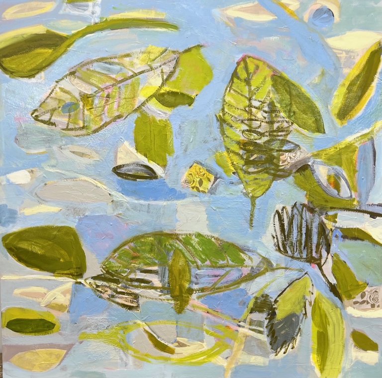 an abstract piece of a few lime green leaves against a powder blue background. they are swirling as if they were caught in a gust of brisk winter wind. The blue background lends the idea that the air is cold and wintery.