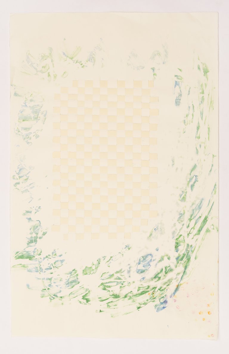 an abstract mixed media piece with a small section of woven paper in the middle surrounded by a swirl of soft blue, green, and goldenrod silkscreen paint. the center woven section is made of cream and pale peach colored paper woven together.