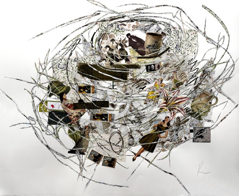 a mixed media collage of ephemera on paper in the shape of a bird’s nest. the main colors of this piece of tans, browns, greens, and taupe against a white background.