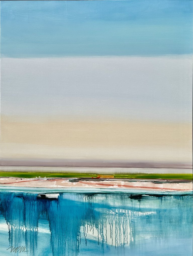 an abstracted landscape in hues of pale aqua, peach, olive, and electric blue. the sky is a hazy gradient of pale aqua to dove gray, to peach, to cream, to soft aubergine color. the horizon is marked by a thin green line with tone and temperature variation. there is a thin strip of pink and cream beach, in front of which drips a wide and bright body of water in electric blue
