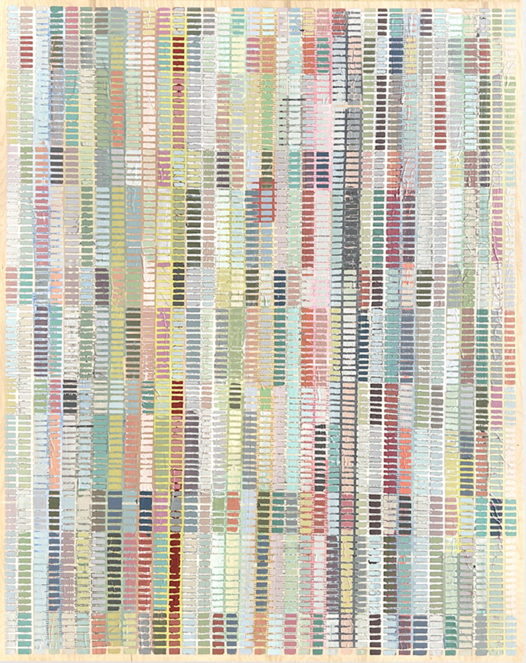 an abstract mixed media piece constructed on panel board. there is a network of lines that cross and intersect with each other to create a series of small rectangles.the main colors of this piece are sage green, rust red, dusty rose, lilac, pale lemon, mint, dove gray, charcoal, and burgundy