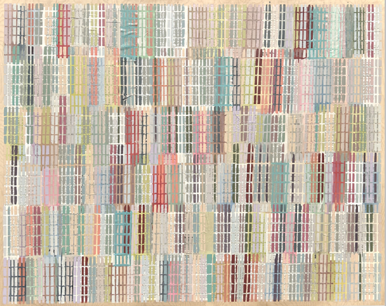 an abstract mixed media piece constructed on panel board. there is a network of lines that cross and intersect with each other to create a series of small rectangles.the main colors of this piece are sage green, rust red, dusty rose, lilac, pale lemon, mint, dove gray, charcoal, and burgundy