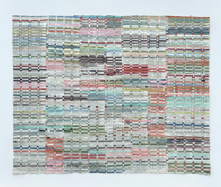 an abstract mixed media piece constructed with woven pieces of paper and fabric. there is a network of lines that cross and intersect with each other to create a series of small rectangles.the main colors of this piece are sage green, rust red, dusty rose, lilac, pale lemon, mint, dove gray, charcoal, and burgundy