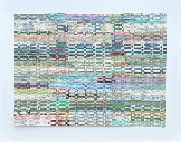an abstract mixed media piece constructed with woven pieces of paper and fabric. there is a network of lines that cross and intersect with each other to create a series of small rectangles.the main colors of this piece are sage green, rust red, dusty rose, lilac, pale lemon, mint, dove gray, charcoal, and burgundy