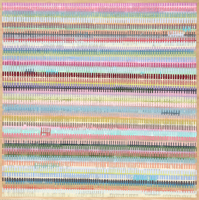 an abstract mixed media piece constructed on panel board. there is a network of lines that cross and intersect with each other to create a series of small rectangles.the main colors of this piece are sage green, rust red, dusty rose, lilac, pale lemon, mint, dove gray, bright pink, dusty mauve, charcoal, and burgundy the main pattern is horizontal stripes consisting of smaller vertical stripes.