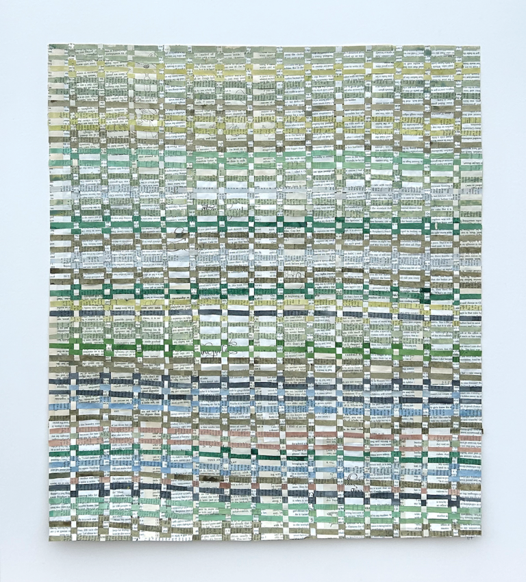 an abstract mixed media piece constructed with woven pieces of paper and fabric. there is a network of lines that cross and intersect with each other to create a series of small rectangles.the main colors of this piece are sage green, dark blue, dusty navy, deep teal, pale sap, mint, dove gray, charcoal, and indigo