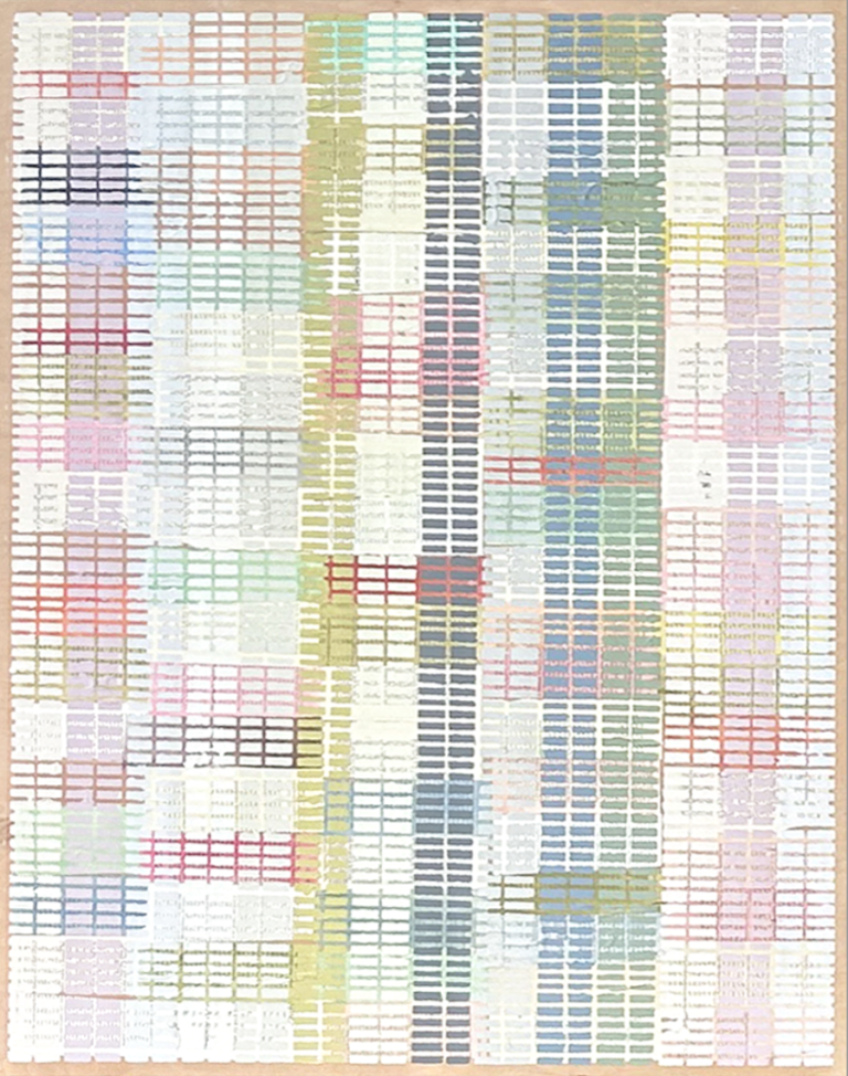 an abstract mixed media piece constructed on panel board. there is a network of lines that cross and intersect with each other to create a series of small rectangles.the main colors of this piece are sage green, light red, dusty rose, lilac, pale lemon, mint, dove gray, periwinkle, and pastel blue