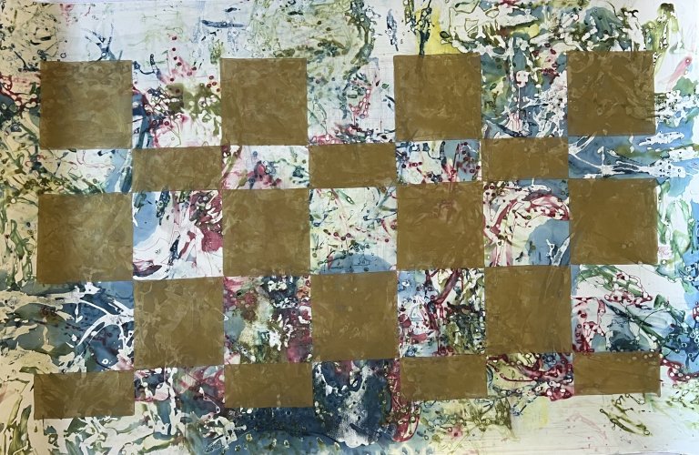 an abstract piece with a swirling background of lime and sap green, indigo, and deep burgundy silkscreen paint. there is an overlay of a gold checkerboard pattern on top of the swirling pattern.