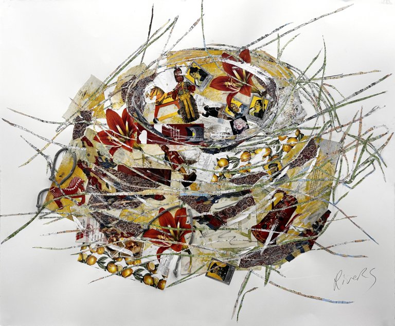 a mixed media collage of ephemera on paper in the shape of a bird’s nest. the main colors of this piece of tans, browns, golds, and reds against a white background.