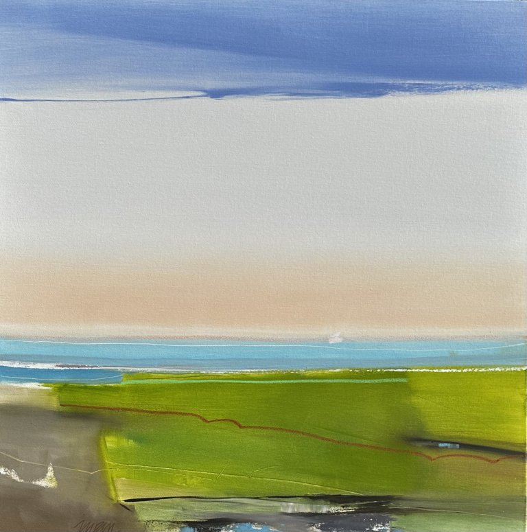 an abstracted marsh scene, with gray-blue water, swathes of green and yellow marshland, and a pale blue sky on the horizon.