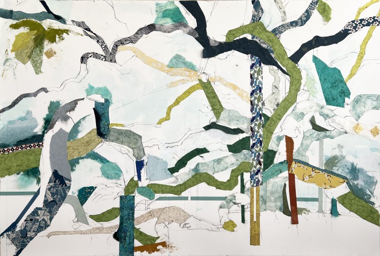 an abstract interpretation of a tree, created first with a light sketch of the tree in graphite and charcoal, brought to life by collaged paper in shades of sap green, deep rust, teal, and patterned papers as well