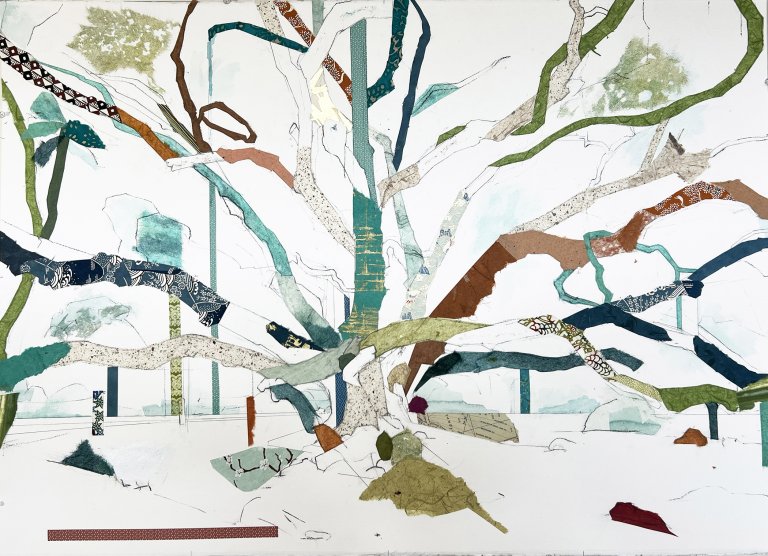 an abstract interpretation of a tree, created first with a light sketch of the tree in graphite and charcoal, brought to life by collaged paper in shades of sap green, deep rust, teal, and patterned papers as well