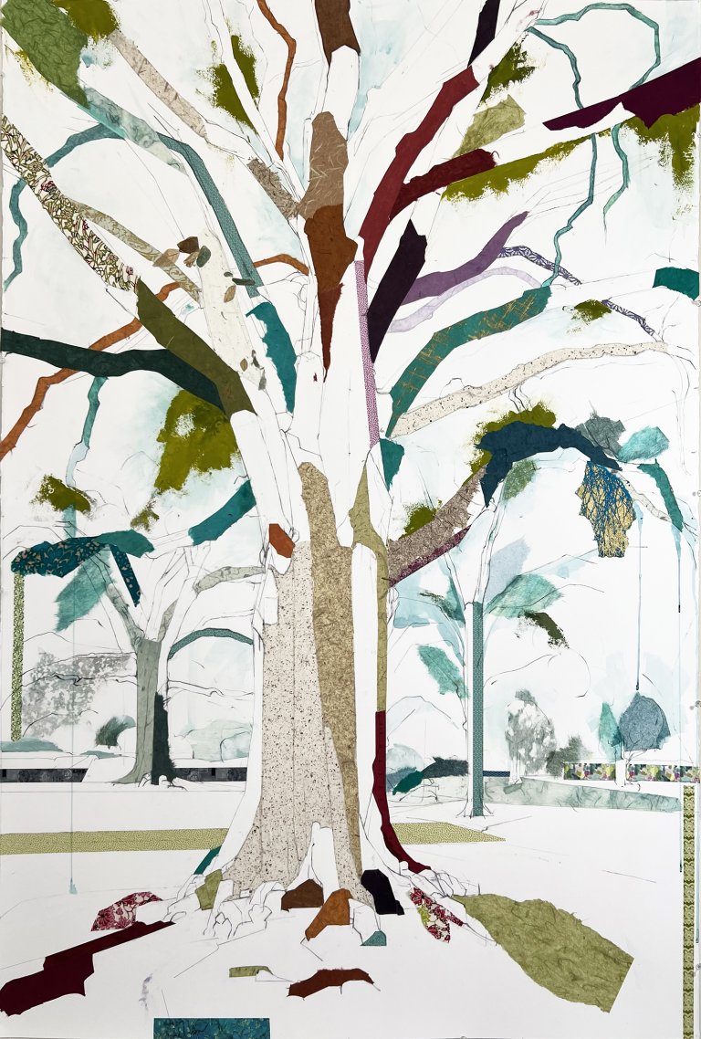 an abstract interpretation of a tree, created first with a light sketch of the tree in graphite and charcoal, brought to life by collaged paper in shades of sap green, deep rust, teal, and patterned papers as well