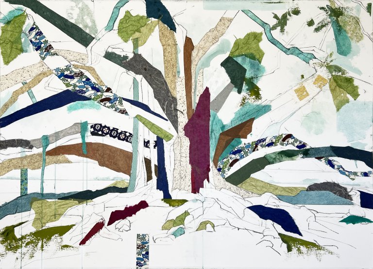 an abstract interpretation of a tree, created first with a light sketch of the tree in graphite and charcoal, brought to life by collaged paper in shades of sap green, deep rust, teal, and patterned papers as well
