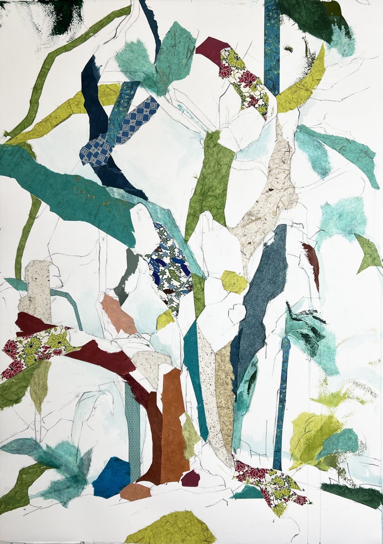 an abstract interpretation of a tree, created first with a light sketch of the tree in graphite and charcoal, brought to life by collaged paper in shades of sap green, deep rust, teal, and patterned papers as well